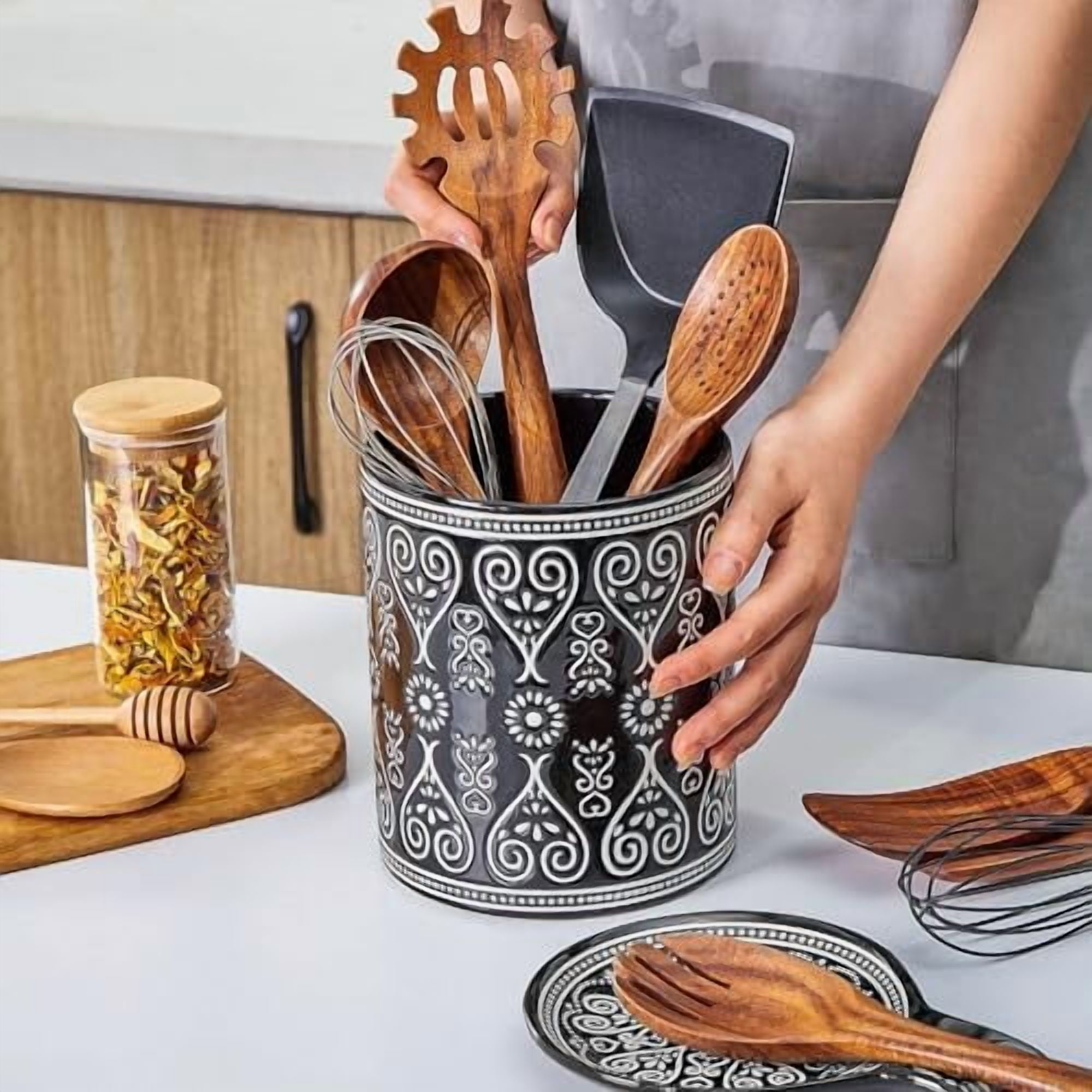Black Heavy Ceramic Utensil Holder, 7" Extra Large Kitchen Utensil Holder for Countertop, Cooking Ceramic Crock for Farmhouse Kitchen Decor