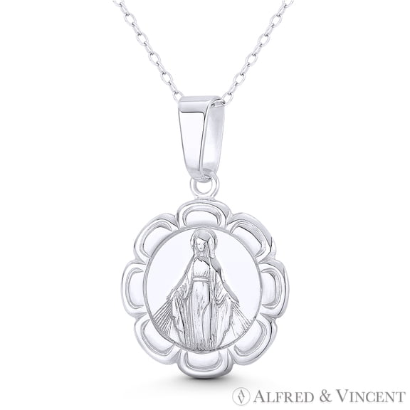 Holy Virgin Mother Mary 32x21mm (1.3x0.8in) Immaculate Conception Lightweight Floral Pendant & Chain Necklace in .925 Sterling Silver