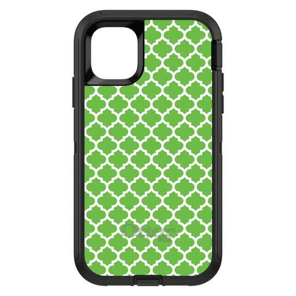 DistinctInk OtterBox Defender Custom Case for Apple iPhone 15 (6.1" Screen) - Green White Moroccan Lattice - Raised Bezel Screen Guard
