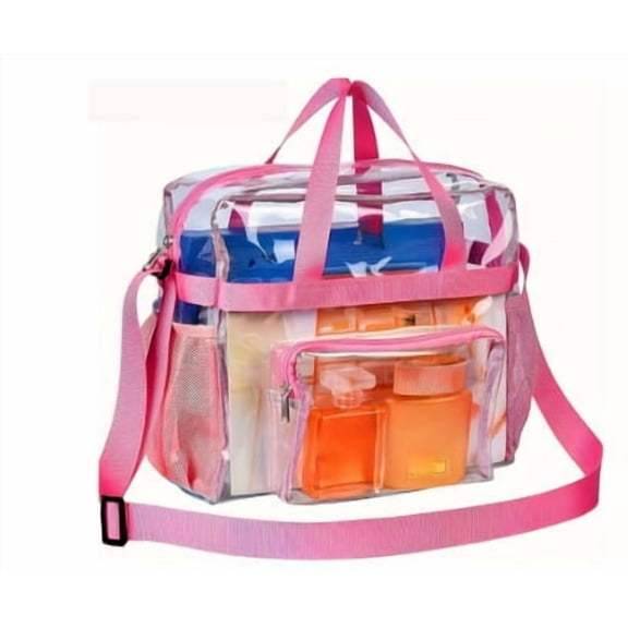 Clear Tote Bag Stadium Events Nylon Top Handle PVC Transparent Toiletry Large Shoulder Crossbody Travel Beach Concert(pink)