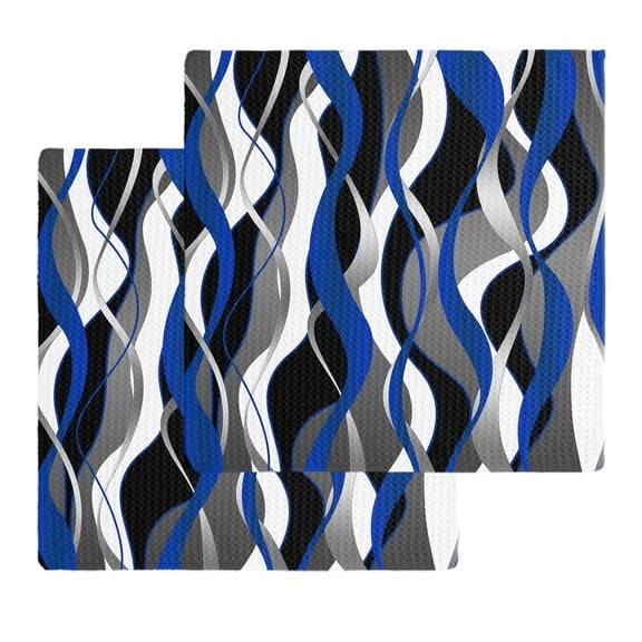 Blue Black Stripes Kitchen Dish Towels for Drying Dishes Set of 2, Modern Abstract Ombre Grey White Lines Waffle Weave Microfiber Hand Tea Bathroom Towels Quick Dry & Absorbent Towel 12x12