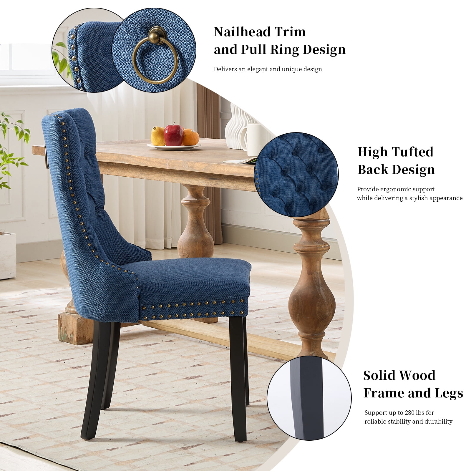 Linen Upholstered Dining Chairs Set of 6, Navy Mid Century Modern Dining Chairs, Kitchen & Dining Room Chairs with Wood Legs, Sillas de Comedor (Blue, 6 Pcs)