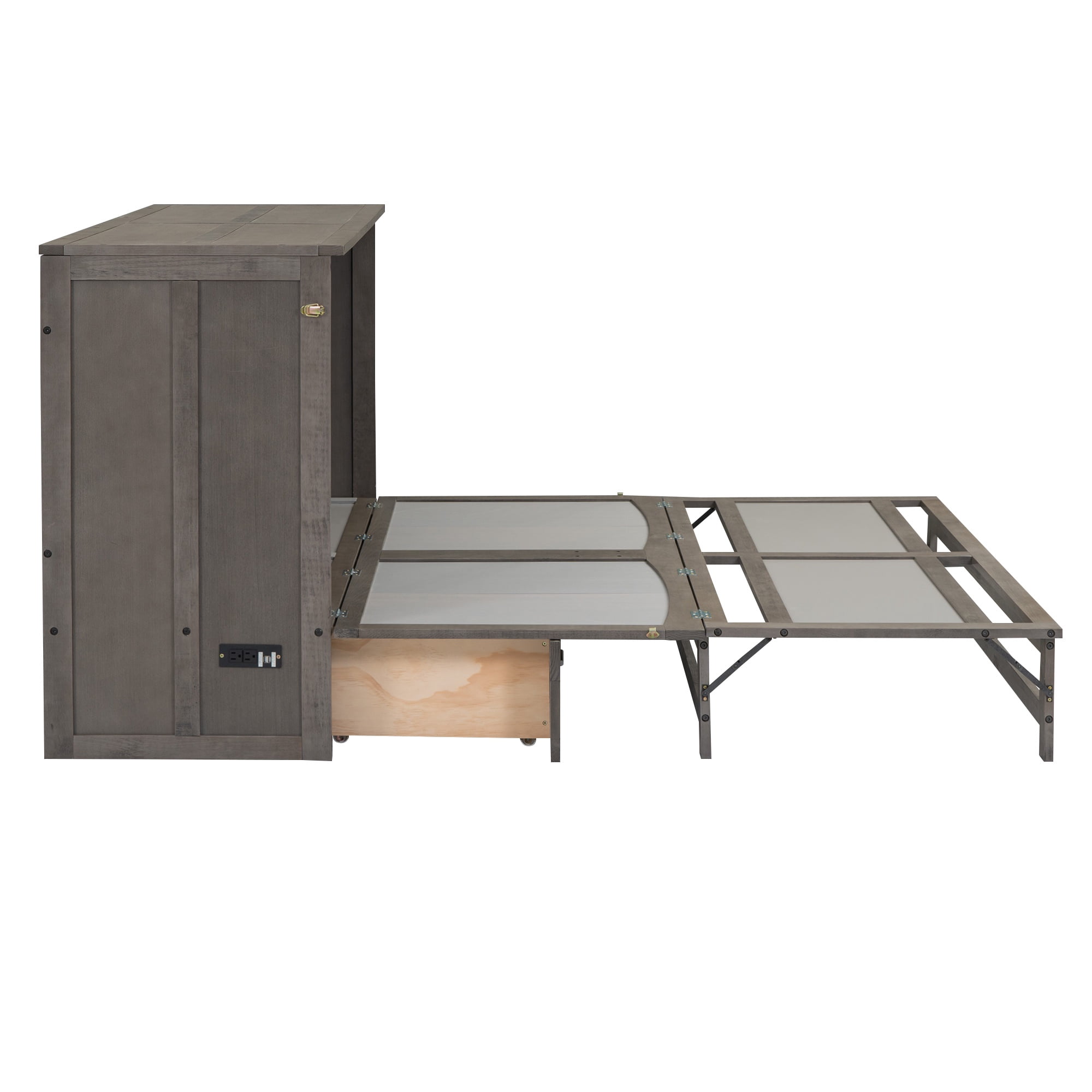 Bellemave Queen Size Murphy Bed with Charging Station, Wooden Murphy Cabinet Bed with Storage Drawer, Foldable Queen Size Platform Bed Frame for Guest Room Home Office (Antique Gray)