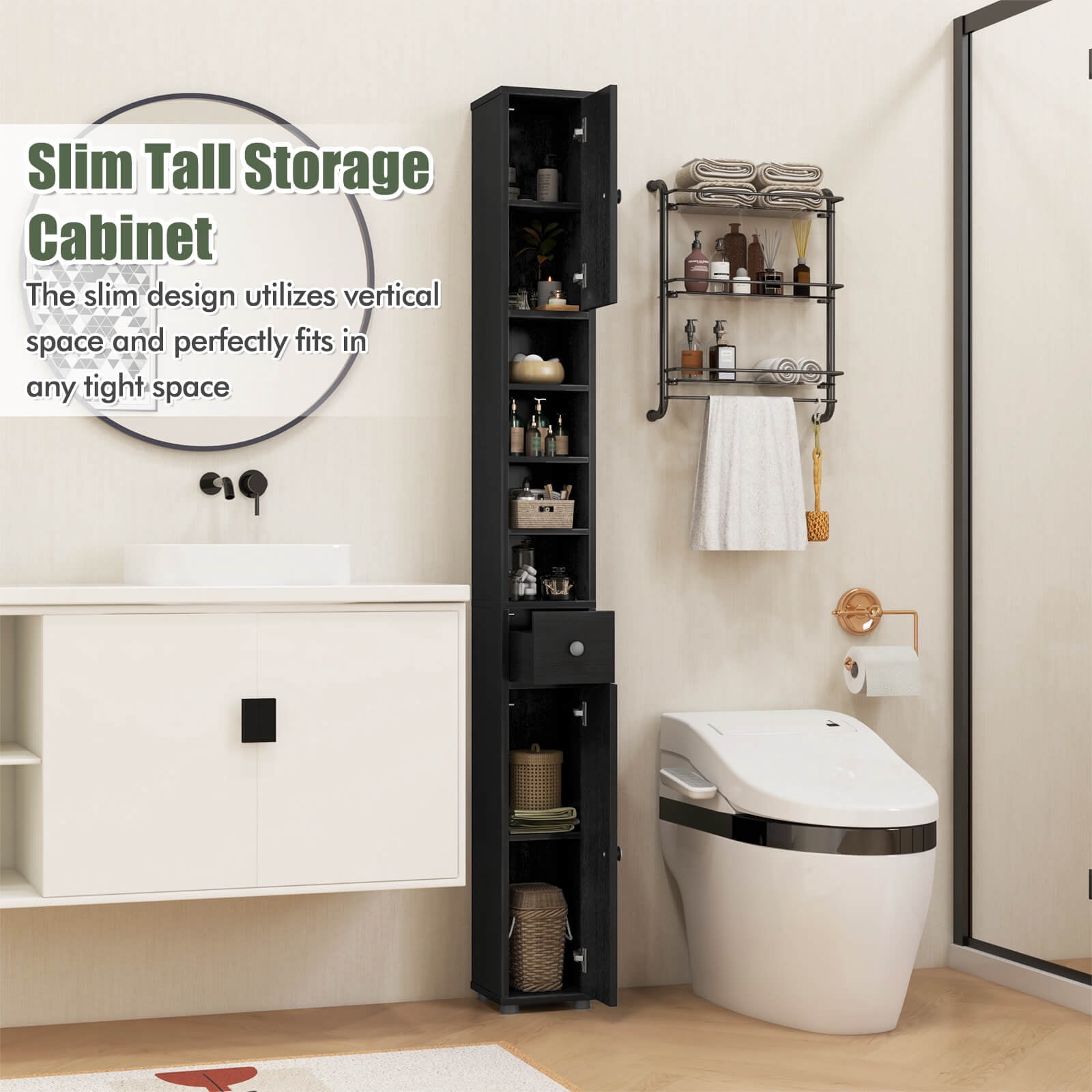 Costway 71" Slim Bathroom Storage Cabinet with 2 Doors 5 Adjustable Shelves 1 Drawer Black