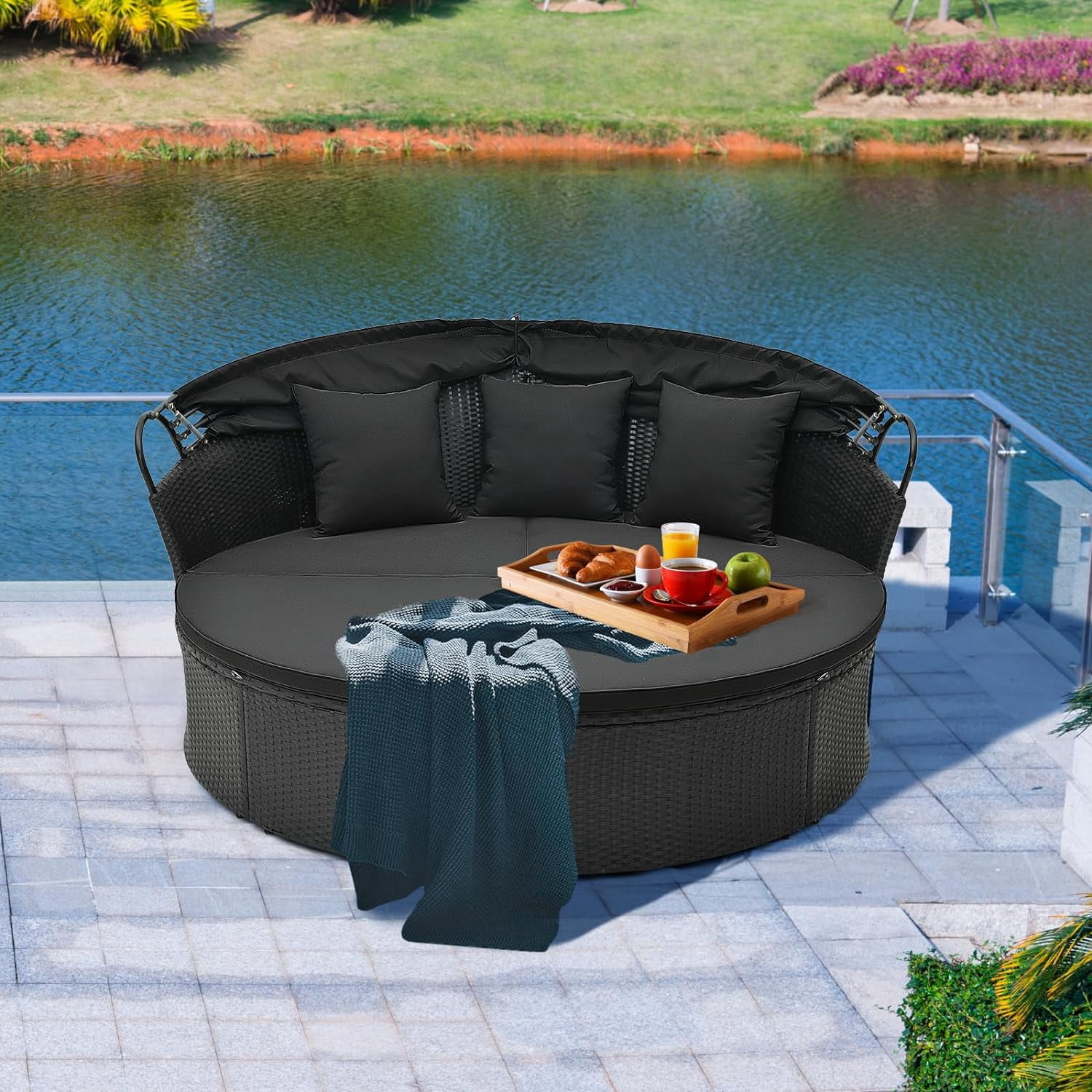 Gymax Patio Outdoor Round Wicker Daybed w/ Separate Seating Sofa, Retractable Canopy, 4 Cushion 3 Pillows Black