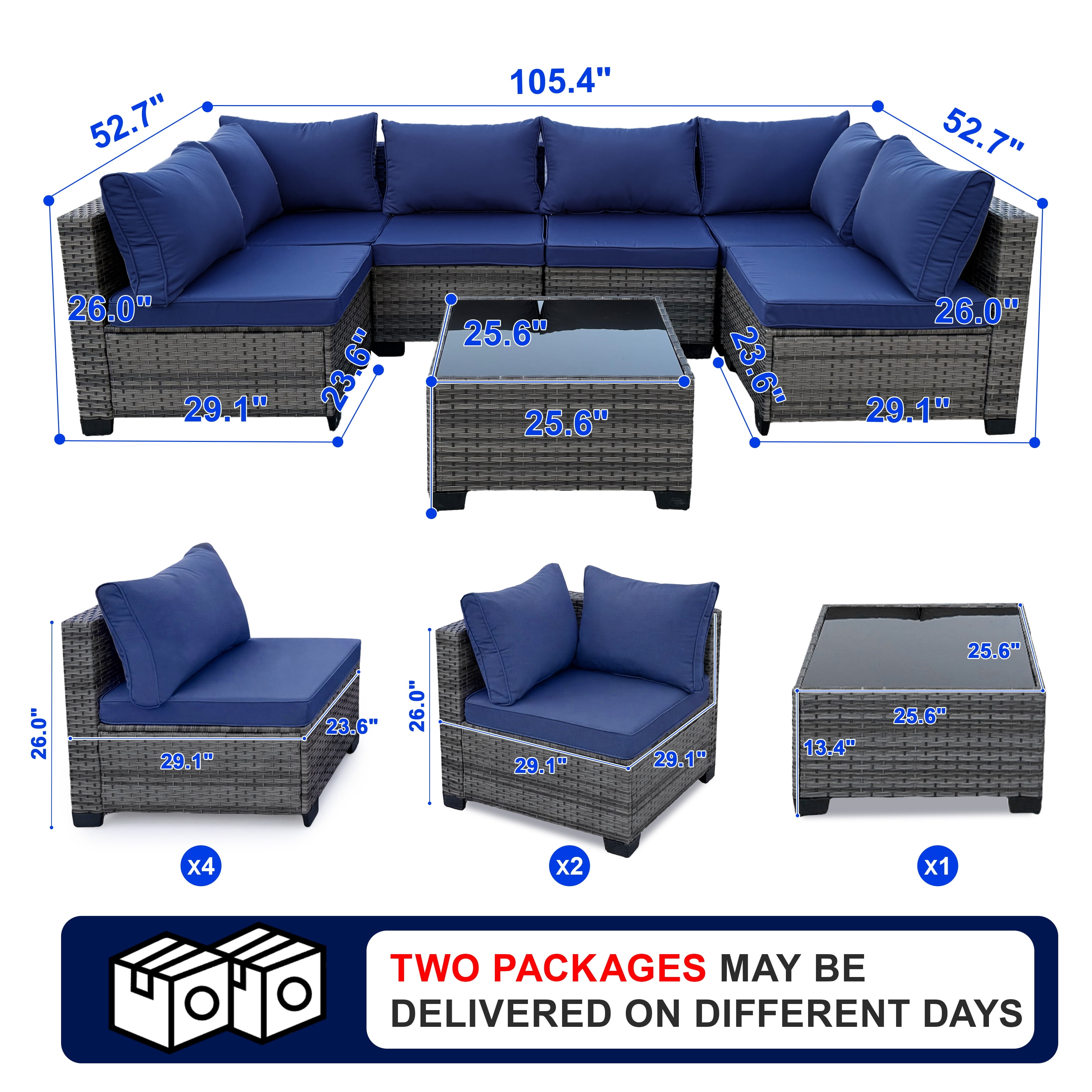 MOLIBYME 7 Pcs Outdoor Patio Furniture Set, Modular Outdoor Sectional Wicker Conversation Set, Rattan Sofa Set with Glass Table and Washable Cushion Covers, Blue Cushion