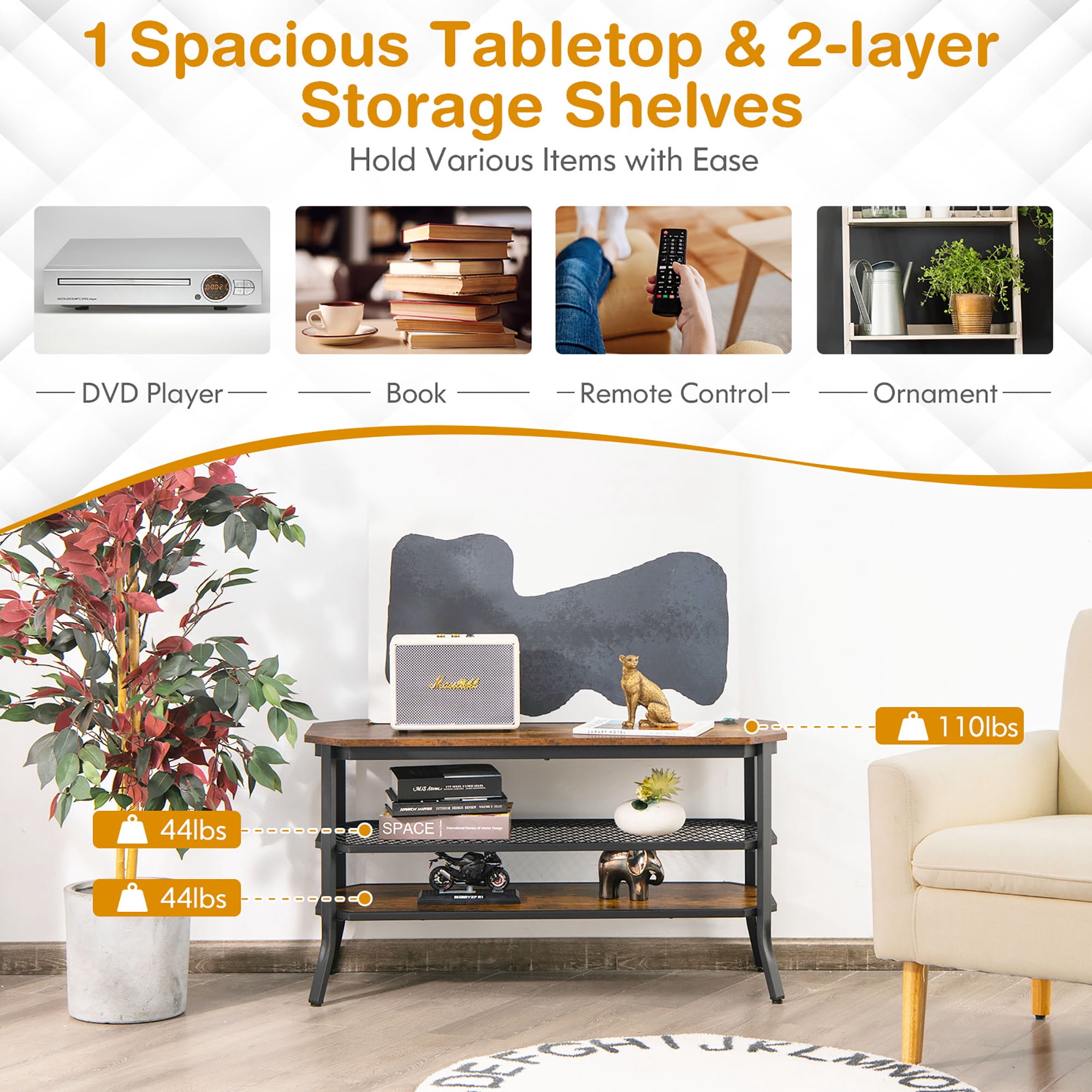Costway 3-tier TV Stand Console Table Media Entertainment Center w/Mesh Storage Shelf