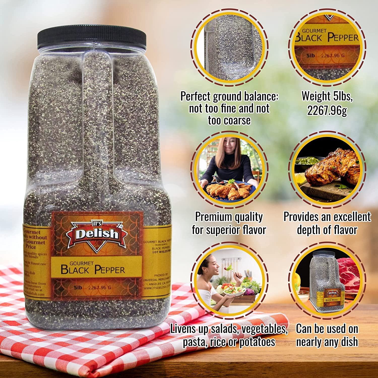 Gourmet Ground Black Pepper by Its Delish, 5 LB Restaurant Gallon Size Container Jug with Handle  Premium Gourmet Ground Pepper Bulk Spices  All Natural and Kosher
