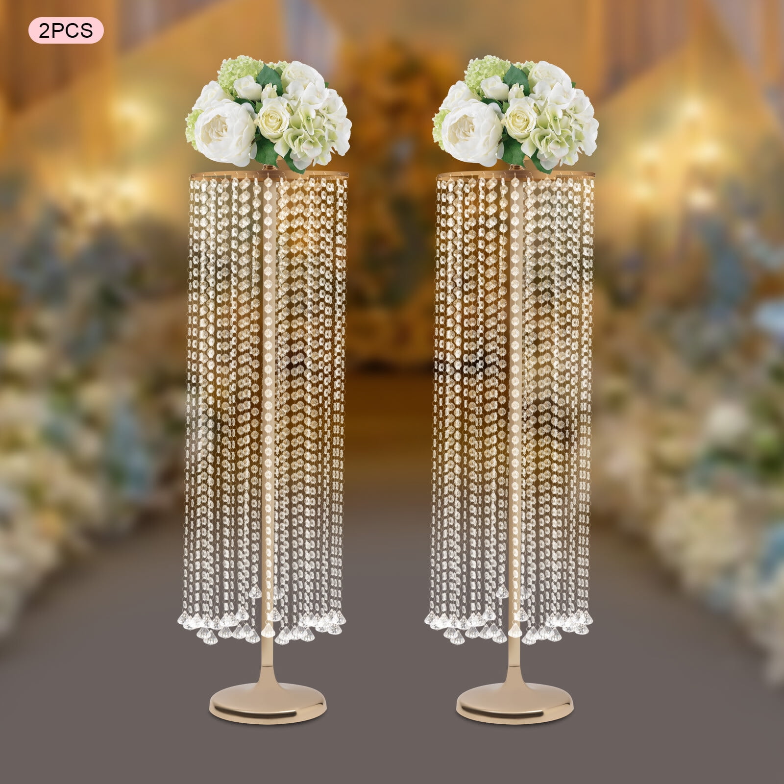 ToppiJoy 2 Pcs 46.06in Tall Vase Gold Wedding Centerpieces Crystal Flower Stand Decorations Metal Chandelier Flower Vase for Wedding Party Event Aisle Decoration