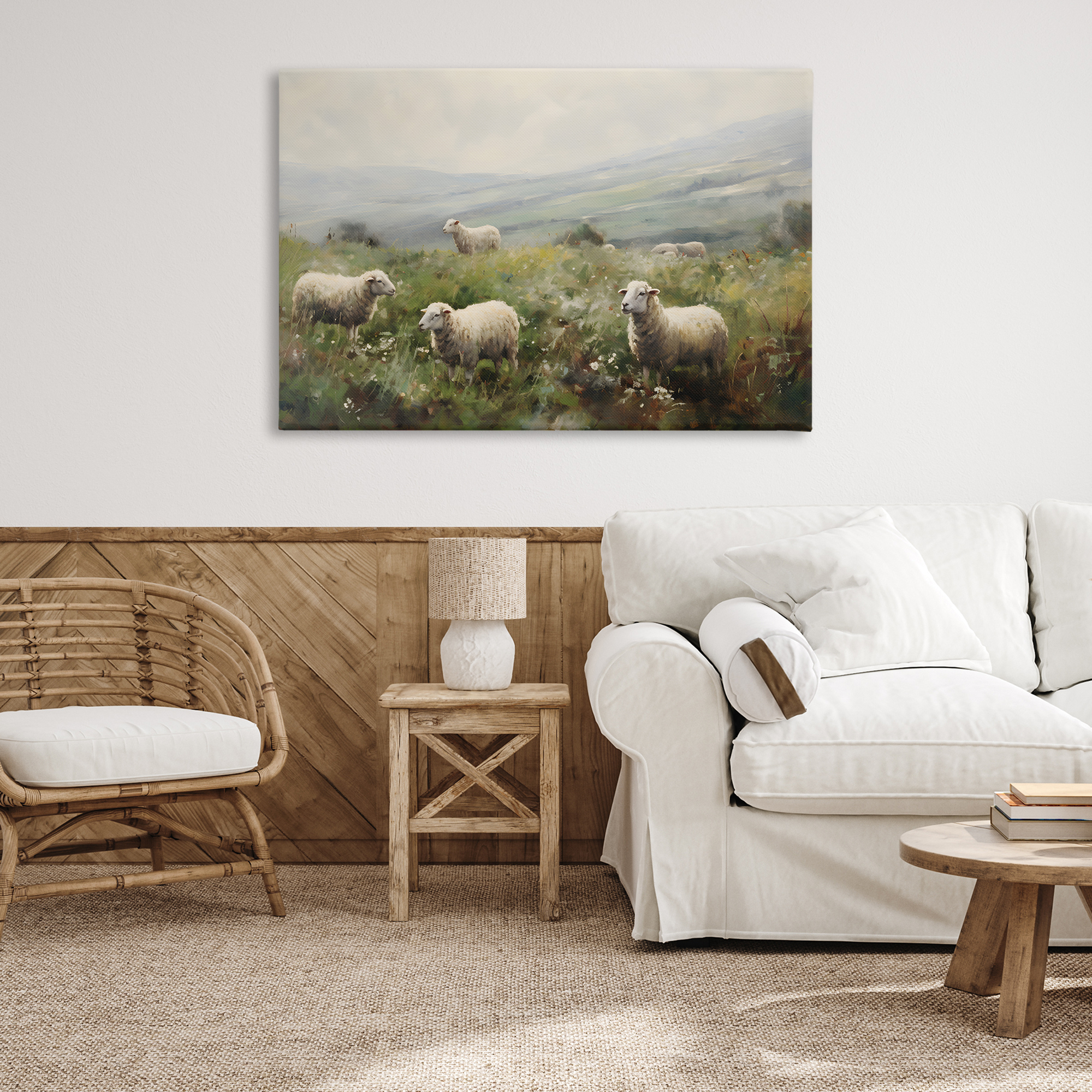 Stupell Industries Misty Sheep Pasture Landscape & Nature Painting Wrapped Canvas Art Print Wall Art, 45 x 30