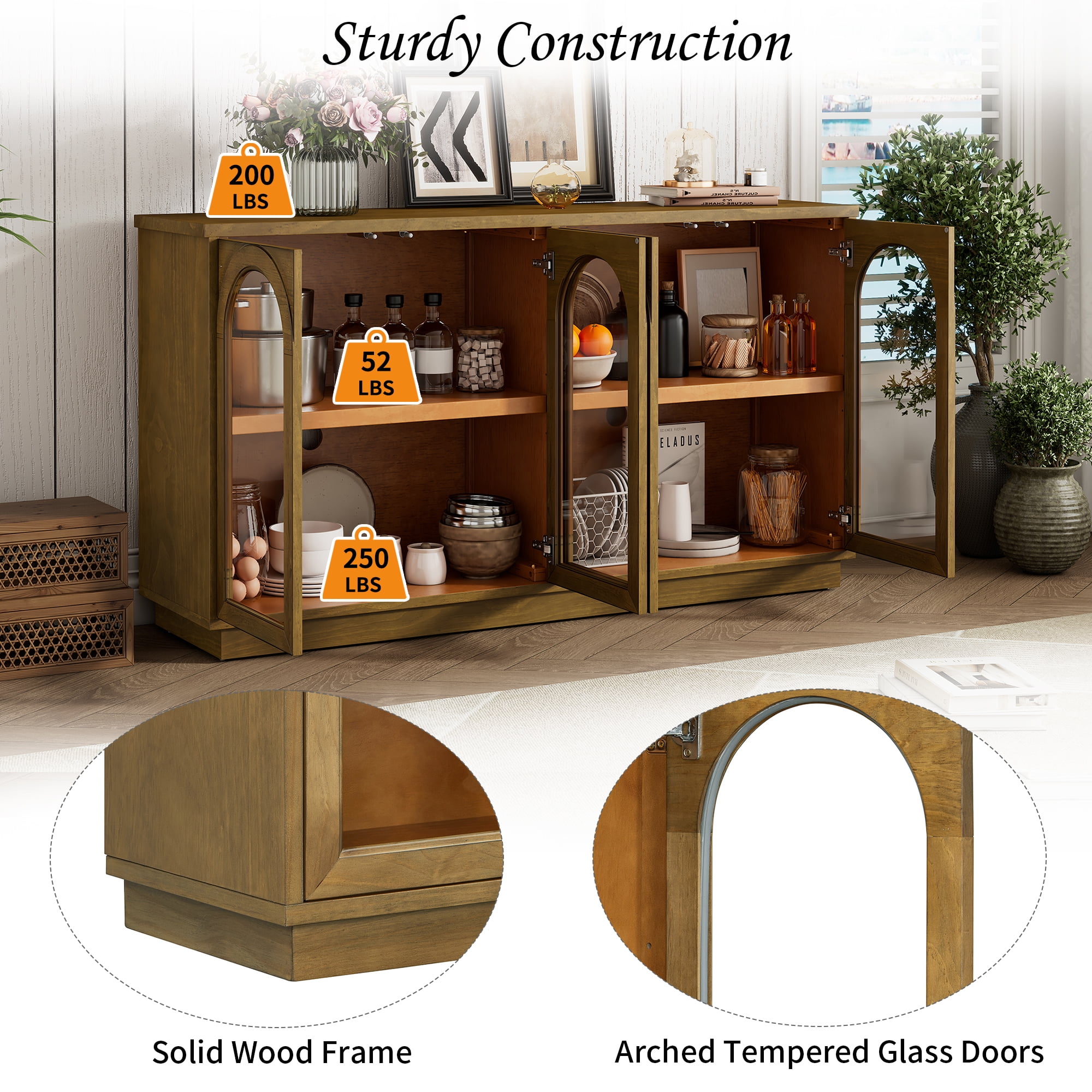 Aukfa Storage Buffet Cabinet with 4 Glass Doors, Large Arched Cabinet,Old Pine