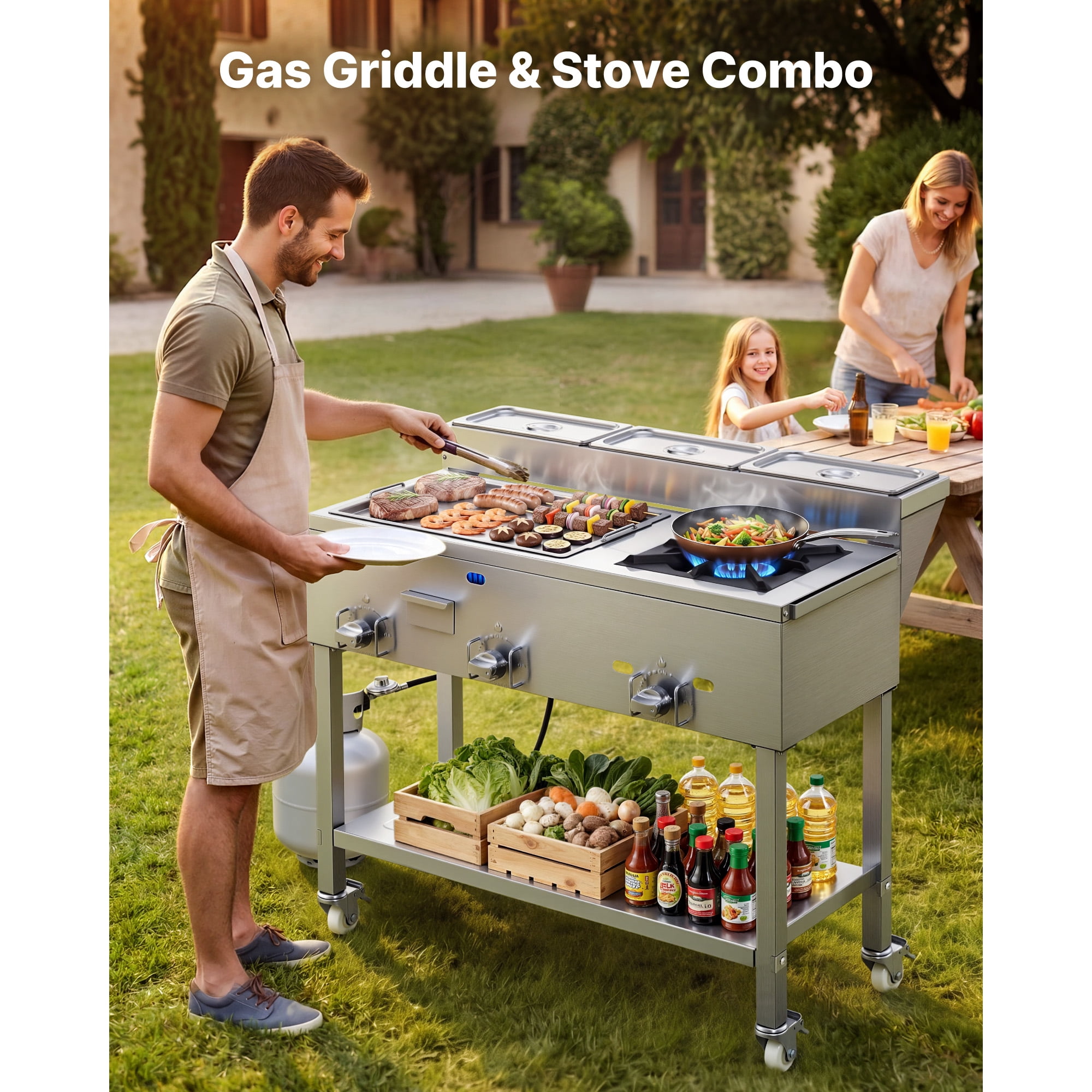 KFFKFF Outdoor Propane Griddle with 3 Burners (11,600 BTU Each), Stainless Steel Cooking Surface, Includes Three 1/3 Size Food Pans, Portable Cart with Wheels and Gas Stove
