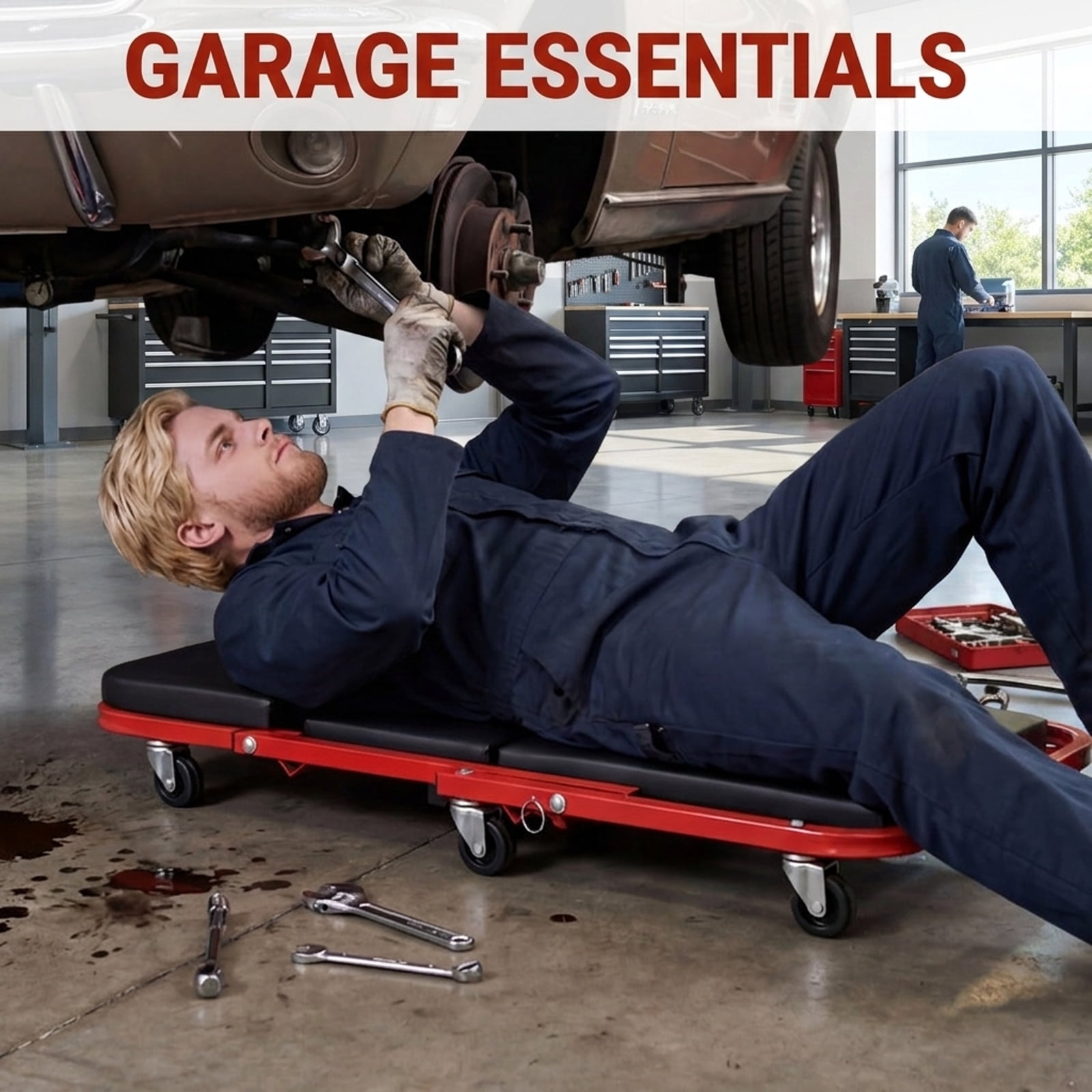 Biotree 2-in-1 Z-Shaped Rolling Garage Stool 36 Inch Folding Automotive Creeper 400 lbs - Red