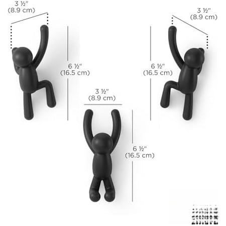 Buddy Wall Hooks – Decorative Wall Mounted Coat Hooks for Hanging Coats, Scarves, Bags, Purses, Backpacks, Towels and More, Set of 3, Black