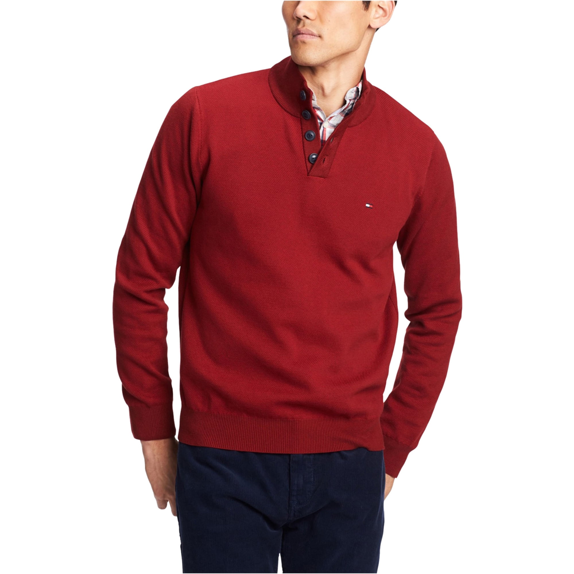 Nicelly Mens Knitting 2-Stripe Stand Collar Contrast Color Classic Pullovers Sweater 
