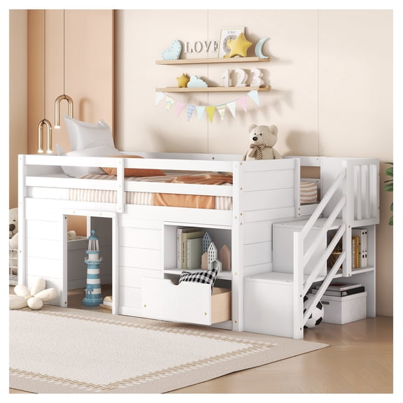 Twin Low Loft Bed, Solid Wood, Stair, Drawer, Shelf, White