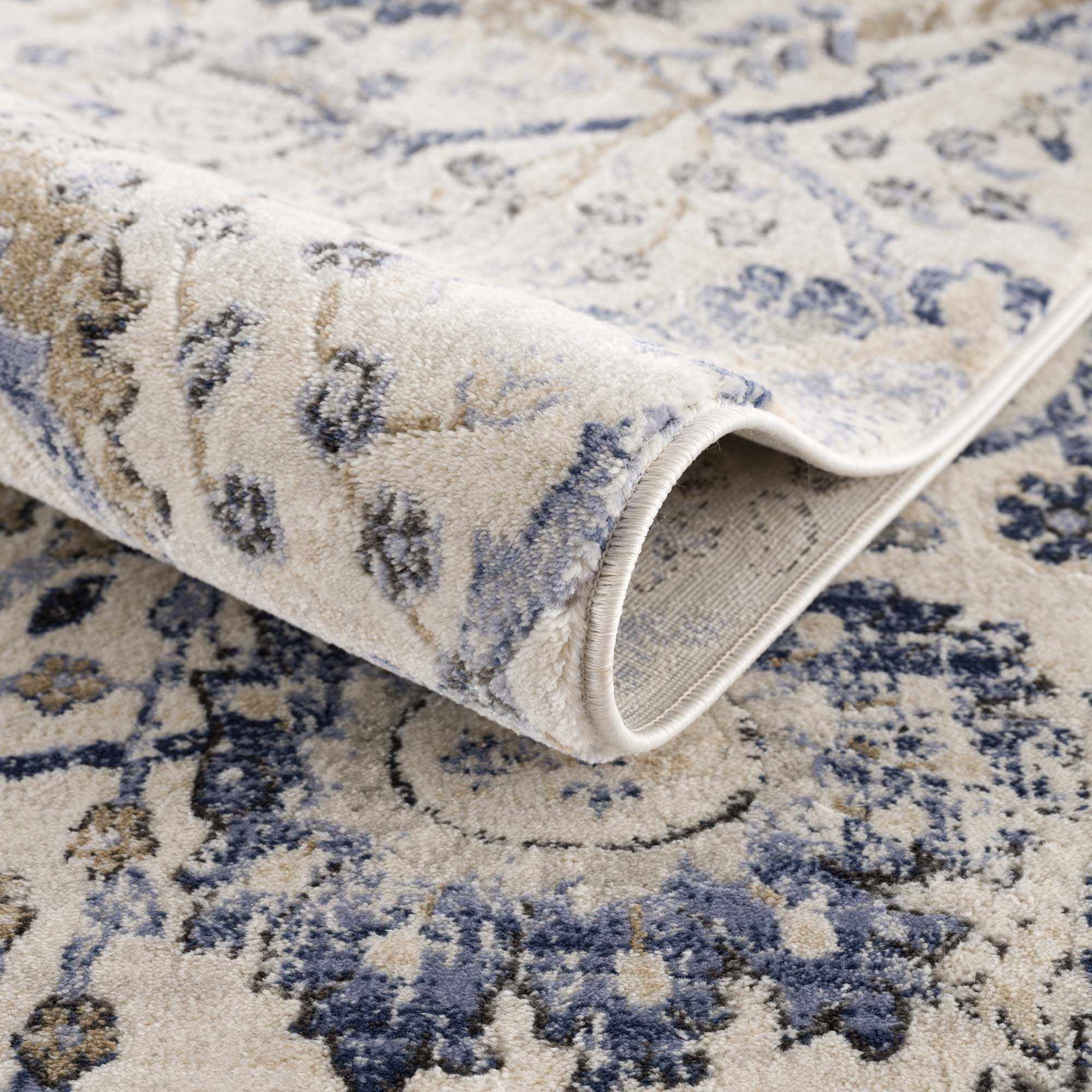 Hauteloom Erbacon Boho Vintage Traditional Damask Area Rug - Farmhouse Traditional Floral Medallion Carpet for Living Room, Bedroom - Grey, Beige, Light Brown, Cream, Navy, Blue - 6'7" x 9' (6x9)