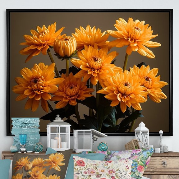 Designart "Morning Blossoms: Chrysanthemum Field At Sunrise I" Chrysanthemums Floater Framed Wall Art Living Room