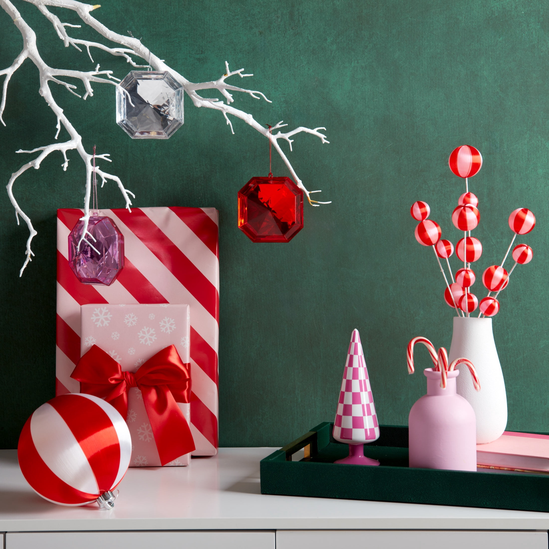 (2 pack) Red and White Stripe Jumbo Ornament, 6 inch, Holiday Time