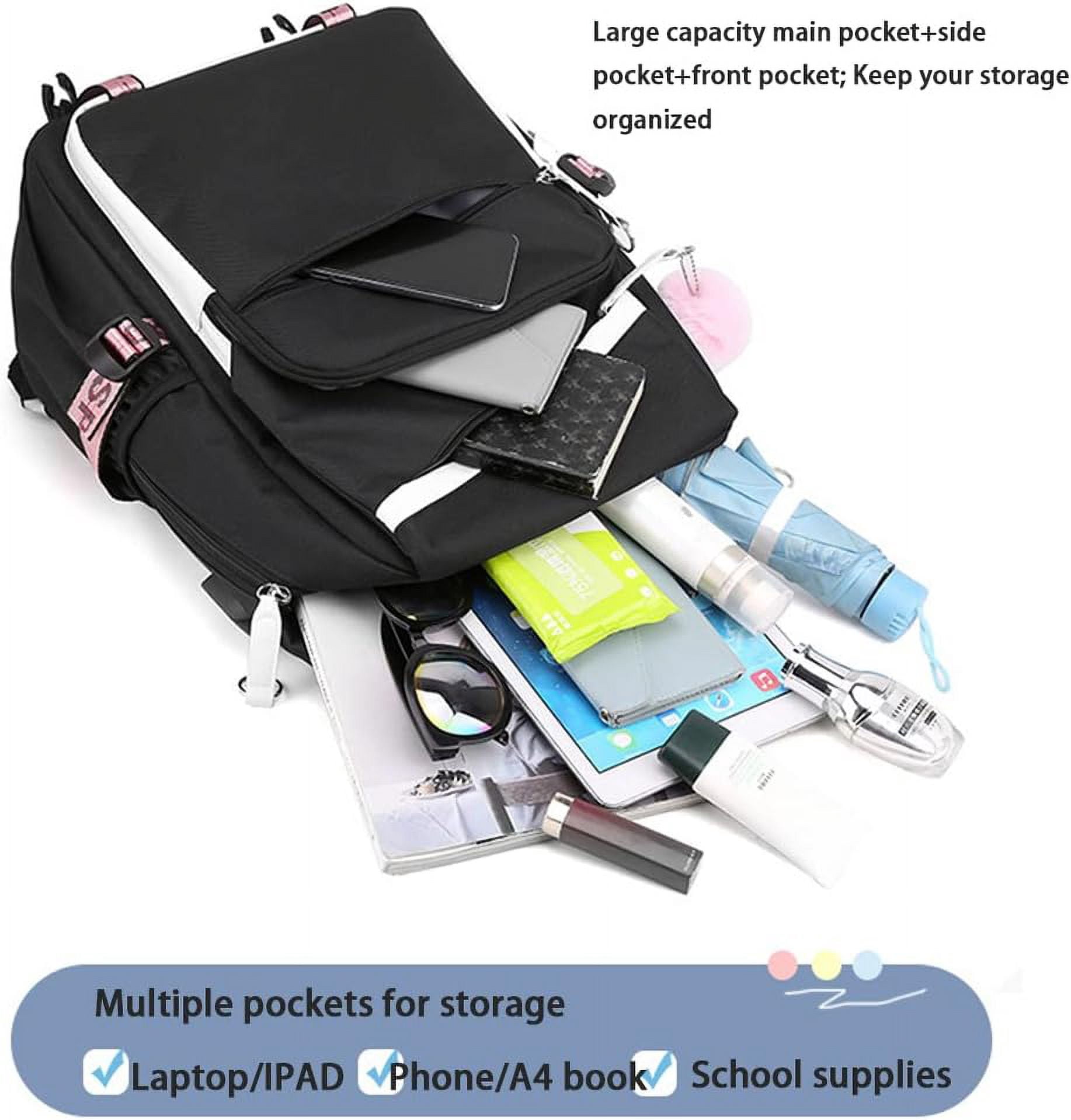 Cute Black Pink Backpack with USB Port, Fashion Laptop Backpack for Women, Large Capacity Travel Bookbag with Multiple Pockets, Water Resistant Casual Daypack for College and Work