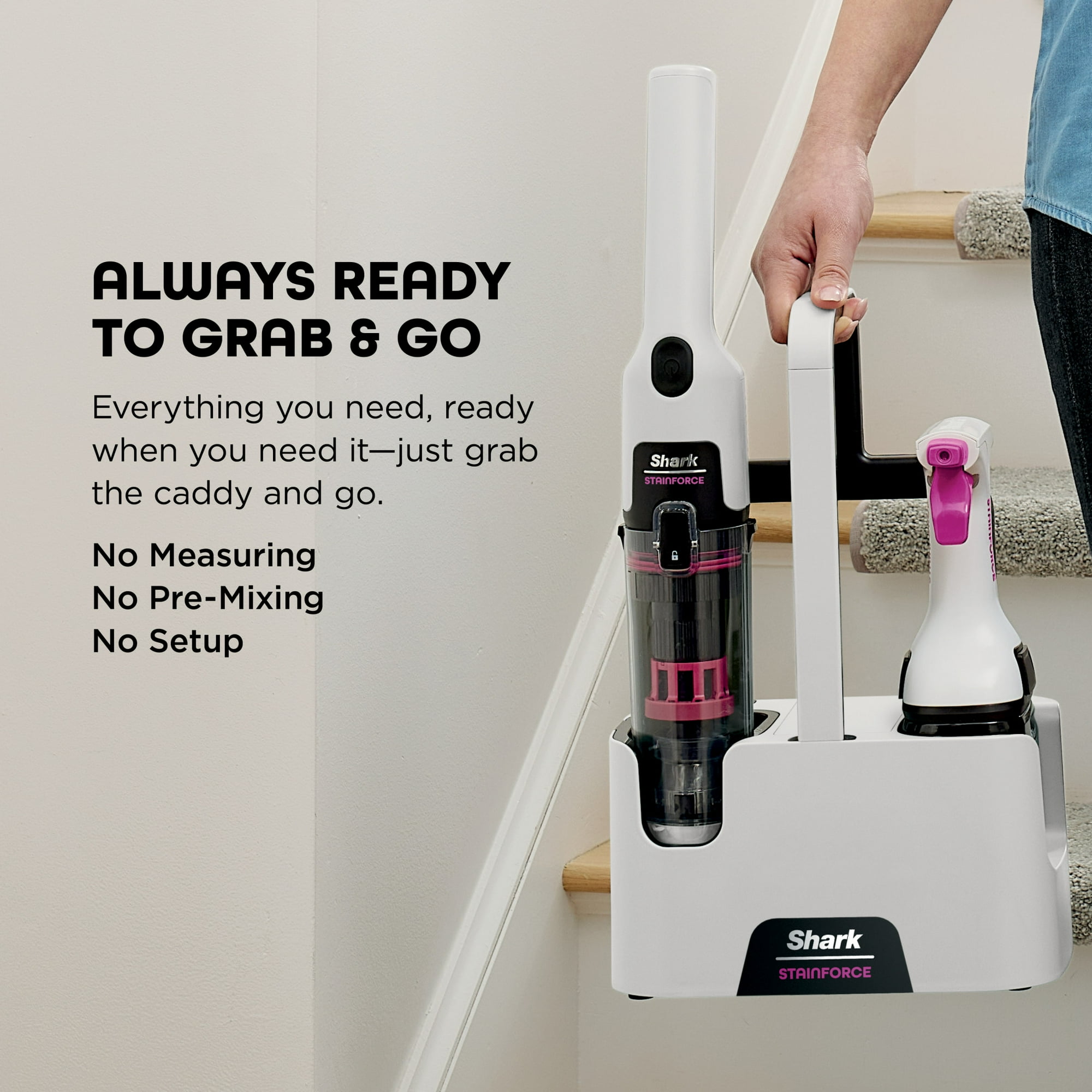 Shark StainForce Cordless Spot, Stain, & Odor Portable Cleaning System, for Carpets, Area Rugs, Upholstery, Stairs, with Storage Caddy, Accessories, and Full-Size Cleaning Solution, HX100 White