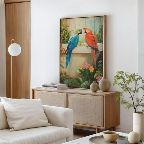 Tropical Parrots In Botanical Setting Art Vibrant Macaws With Lush Foliage Exotic Bird Wall Decor Nature-Inspired Home Artwork Wall Art, Modern Wall Decor, 8x12 UNFRAMED