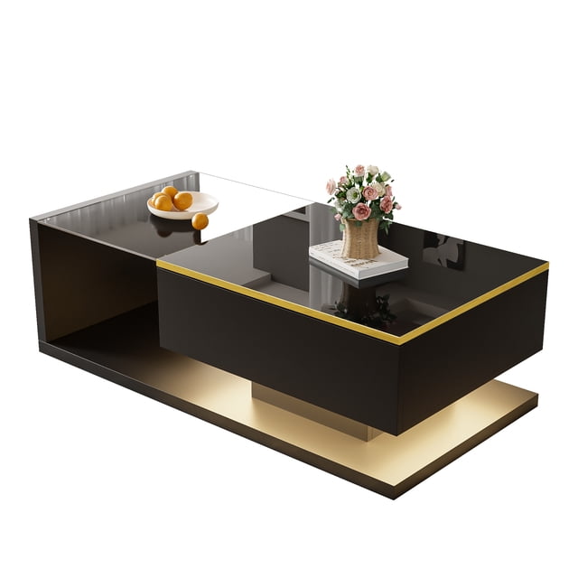 39.4 inch Long Coffee Table, High-Gloss Black. Side Tables, Coffee Tables with Glass and LED Effect
