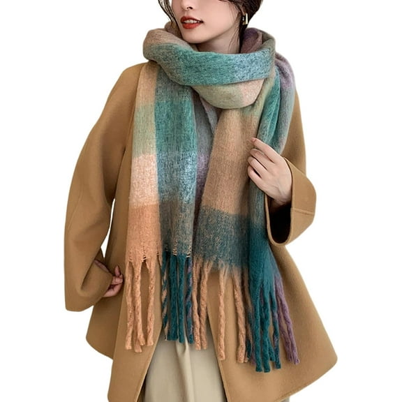 TRAHOO-Winter Scarf Women Oversized Plaid Scarf Large Chunky Blanket Scarf Thick Warm Shawl Wraps with Tassels