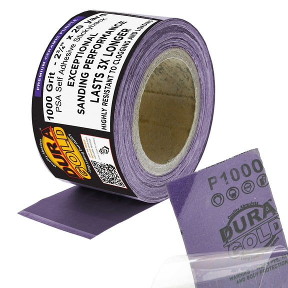 Dura-Gold Premium 1000 Grit PSA Purple Film Ceramic Longboard Sandpaper, 2-3/4" Wide Continuous 20 Yard Roll - Self Adhesive Stickyback for Auto & Wood Air File Long Board Sanders