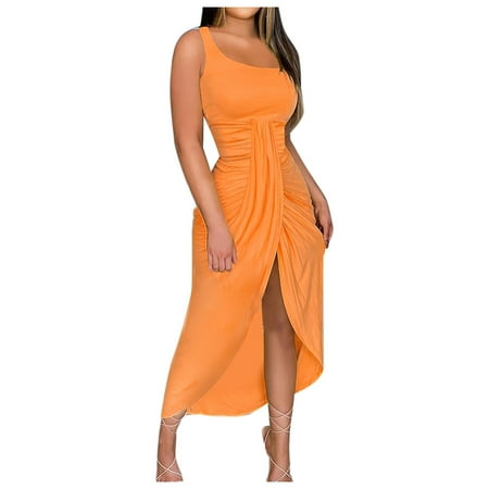 

Olyvenn Bandage Waist Womens Sling Slim Fit Ruched Bustier Strapless Long Dress Sleeveless Solid Color Tight Open Nightclub Sexy Dress Female Leisure Orange XXXL