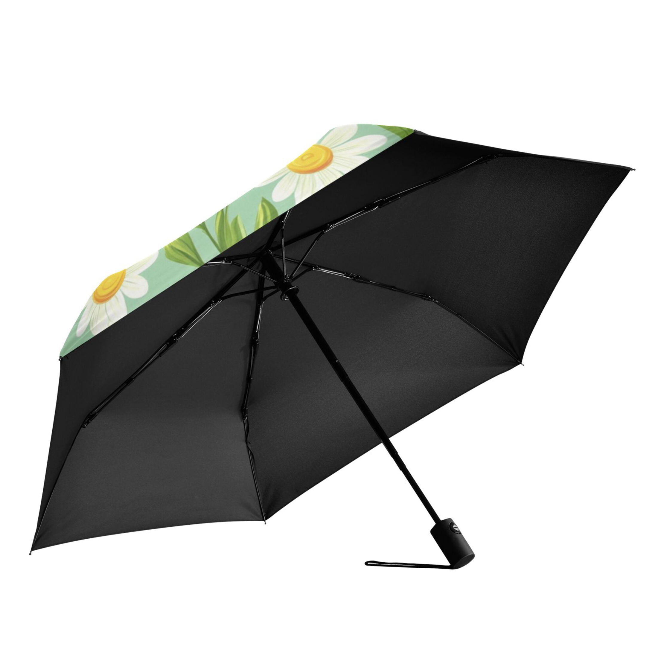 Daisy and Leaf Pattern Folding Umbrella UV50+ Waterproof Sun Protection Auto Open Close Compact Fiberglass Frame