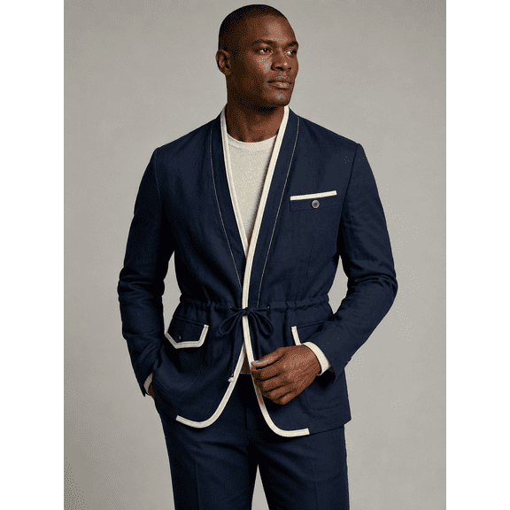 Men's Navy Drawstring Blazer, V Neck Casual Tailored Jacket