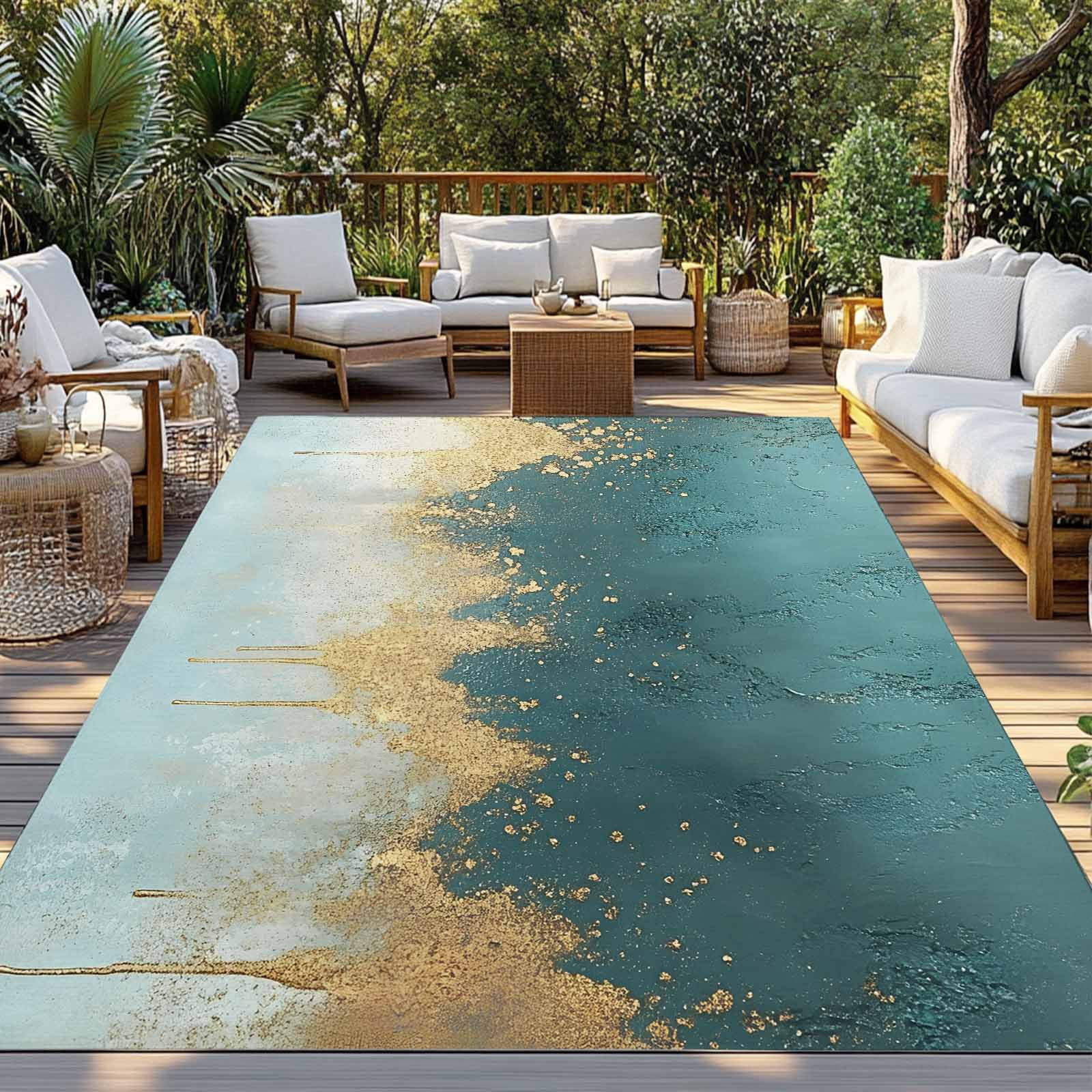 Fsddascl Modern Teal Turquoise Outdoor Rug for Patio/Deck/Porch, Non-Slip Large Area Rug 4 x 6 Ft, Abstract Oil Painting Minimalist Art Indoor Outdoor Rugs Washable Area Rugs, Camping Rug Carpet
