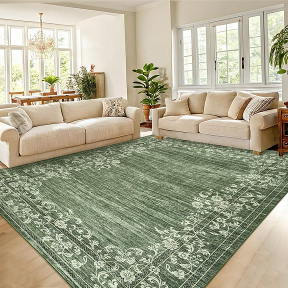Garvee 8'x10' Area Rugs, Oriental Rug Floral Print Rugs Soft Washable Rugs for Living Room Bedroom Home Decor, Non-Slip Durable Carpet, Green