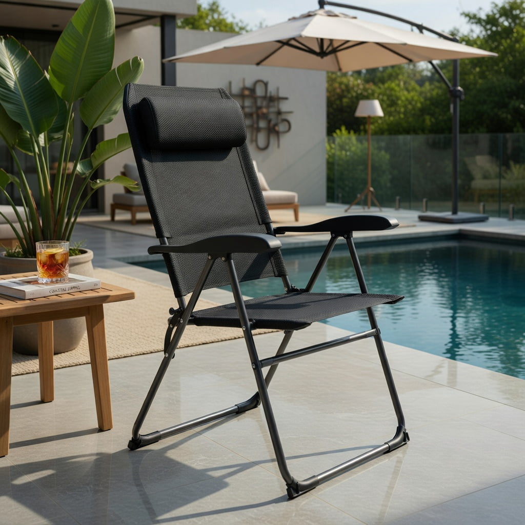 Hommoo 4-Pack Heavy-Duty Folding Patio Chairs with 7-Position Adjustable Backrest, Steel Frame & Breathable Oxford Fabric, Black