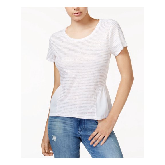 MAISON JULES $34 Womens New 1397 White Striped Short Sleeve Hi-Lo Top L B B