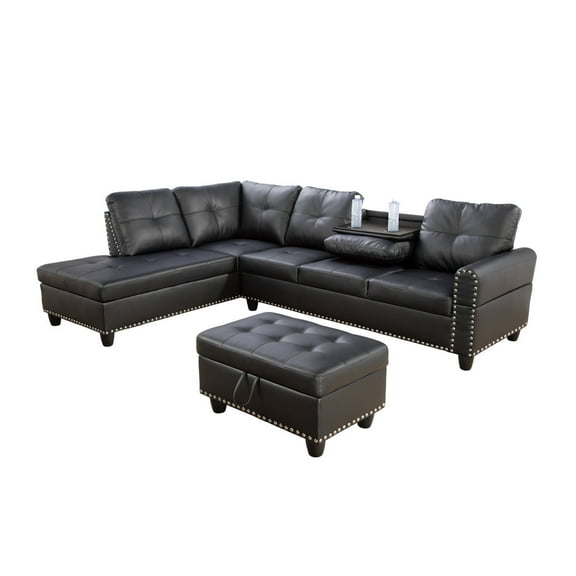 Ponliving 97.2" W Black Faux Leather Sectional Sofa with Ottoman