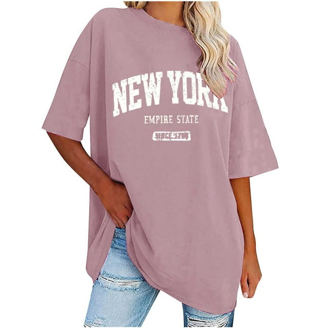 LOVZFMLL Hauts d'Été pour Femmes T-Shirt Imprimé Lettre Décontracté avec Col Rond et Épaules Tombantes Manches Courtes