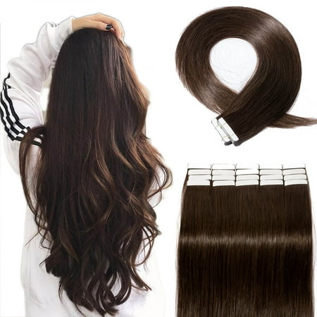 Hair Extensions Dark Brown 20 S-noilite Hair Human Hair Tape in Hair Extensions Brazilian Virgin Hair Silky Straight Weave Full Head 20pcs Dark Brown,20