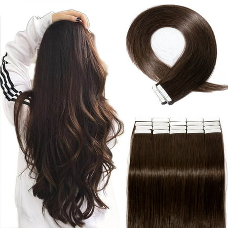 S-noilite Hair Human Hair Tape in Hair Extensions Brazilian Virgin Hair Silky Straight Weave Full Head 20pcs Dark Brown,20 (Best Quality Tape In Hair Extensions)