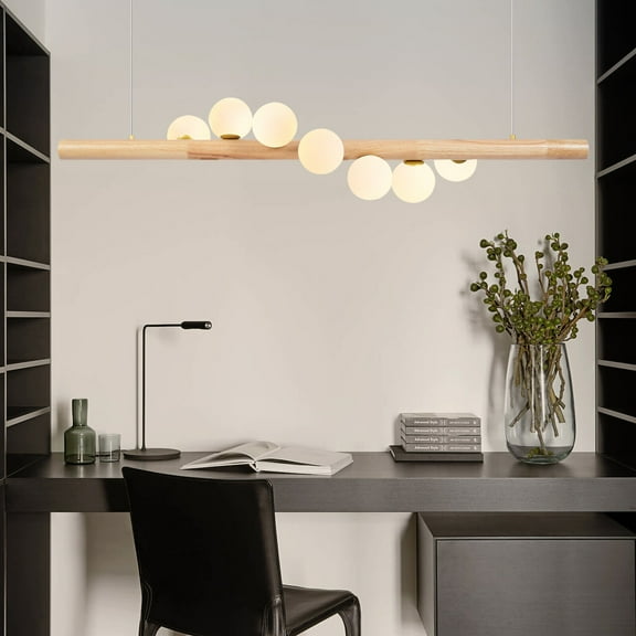 7-Light Pendant Lights, Height-Adjustable Suspension Ceiling Light Fixture 110V Open Design And Adjustable Height Wood Ceiling Light