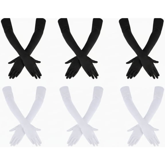 6 Pairs Women's Long Satin Gloves - Elbow-Length Opera Formal Gloves, Stretchy Black & White Bride Costume Accessories