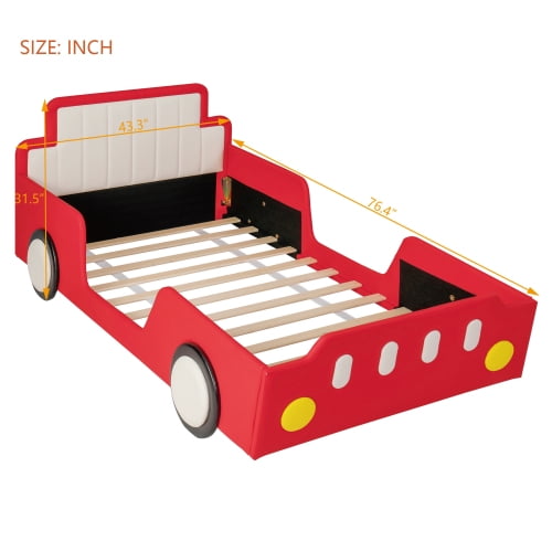 Twin Size Race Car Shaped Platform Bed with Wheels and Safety Rails, Red