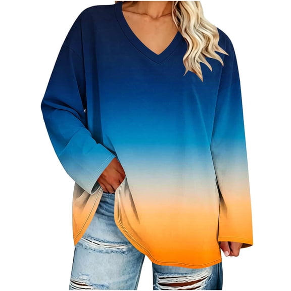 CHGBMOK Women's Plus Size Gradient Tops V Neck Long Sleeve T-Shirt Loose Fit Casual Basic Fall Blouse