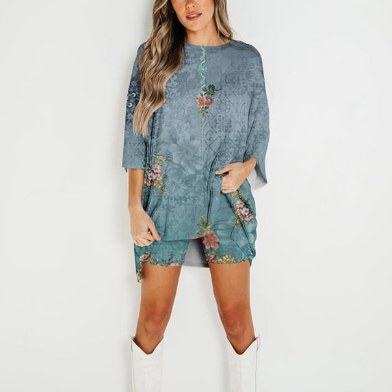 New for Fall! HIMIWAY Shirt&Short suit for Women Stylish Sleek Modern Versatile Ensemble Vintage Floral Round Neck 2pc Set Refreshing and Fashion-Forward Sky Blue XL