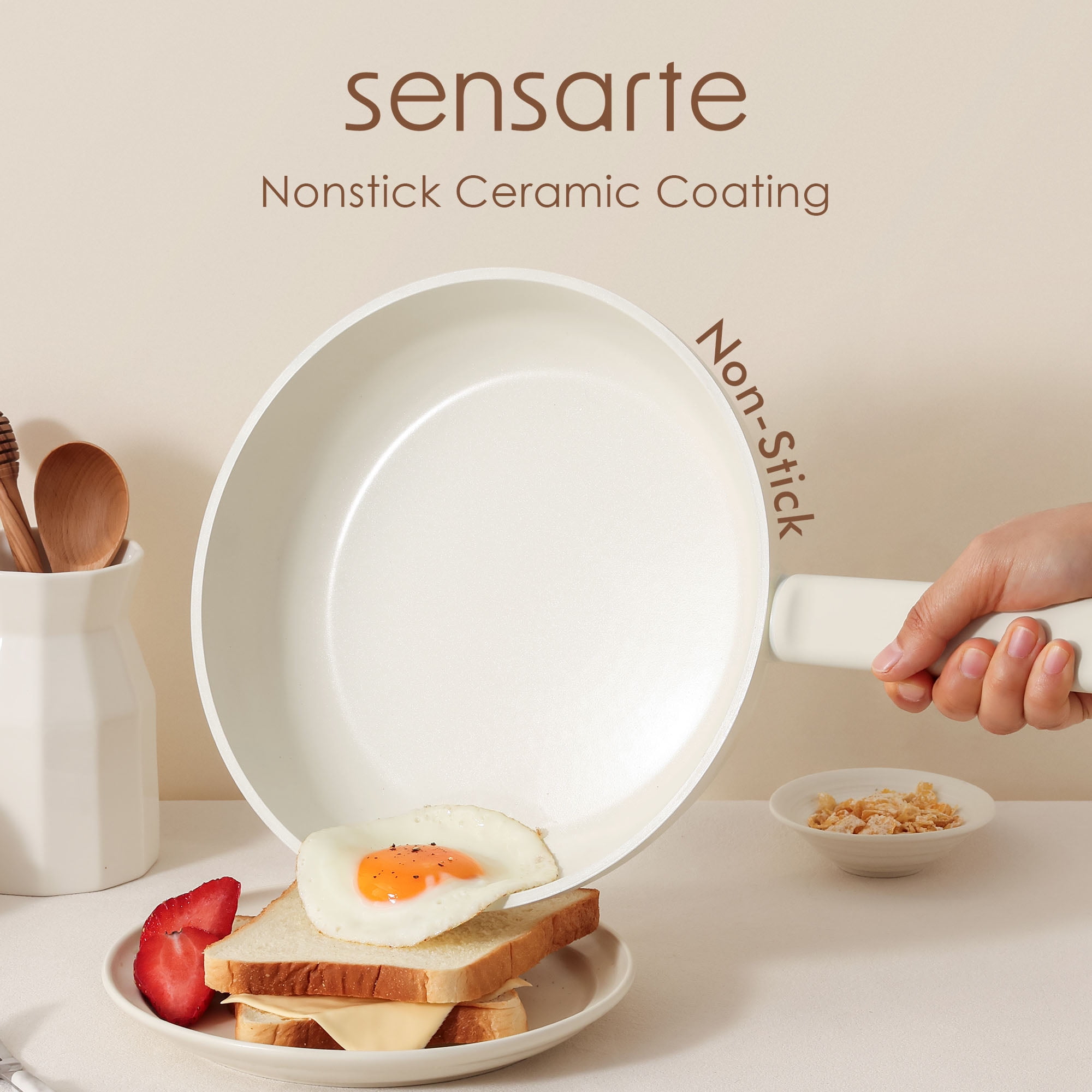 SENSARTE 24-Piece Ceramic Pots and Pans Set, White Induction Nonstick Cookware Set, Healthy Kitchen Cooking Sets with Stay-Cool Handles, Dishwasher Safe, Stackable