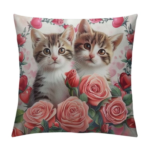 Qinduosi Cute Cats Throw Pillow Covers - Valentine's Day Pillow Covers with Love Heart Shape Rose Outdoor Pillow Cases of Cushion Covers