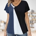 thumbnail image 3 of Camiseta de color en contraste para mujer, camiseta estampada con cuello en V, camisetas casuales de manga corta de verano, azul oscuro L, 3 of 6