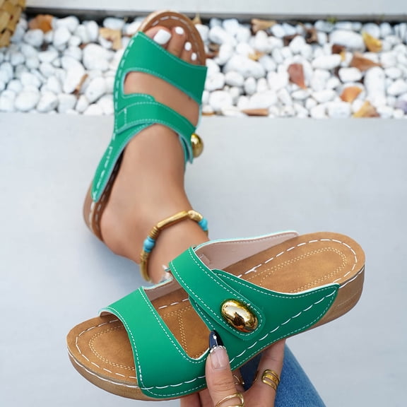 Women's Metal Buckle Double Strap Wedge Slide Sandals, Open Toe Faux Leather Mules for Casual & Summer Wear Green 8.5