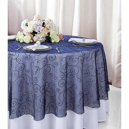 

Wedding Linens Inc. 108 Round Seamless Embroidered Organza Table Overlay Tablecloth - Navy Blue